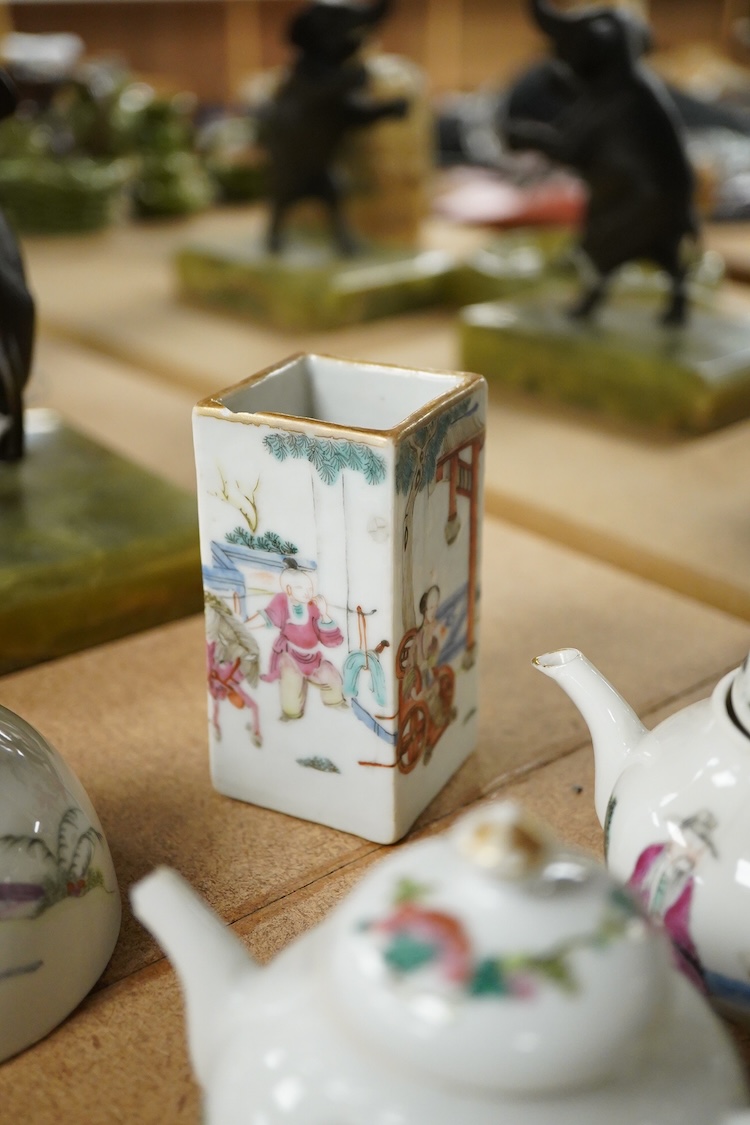A collection of late 19th century Chinese famille wares to include a water pot, two teapots, and a square brushpot, together three Republic period tea bowls, largest 9cm high